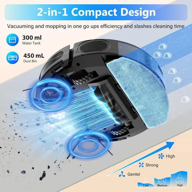 Alt view image 3 of 7 - Robot Vacuum and Mop Combo, 5000Pa Robotic Vacuum Cleaner, 150 Min Max, App & Remote Control, Ideal for Hard Floor, Carpet, Pet Hair, Self-Charge(G8000 Max)