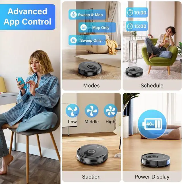 Alt view image 4 of 7 - Robot Vacuum and Mop Combo, 5000Pa Robotic Vacuum Cleaner, 150 Min Max, App & Remote Control, Ideal for Hard Floor, Carpet, Pet Hair, Self-Charge(G8000 Max)