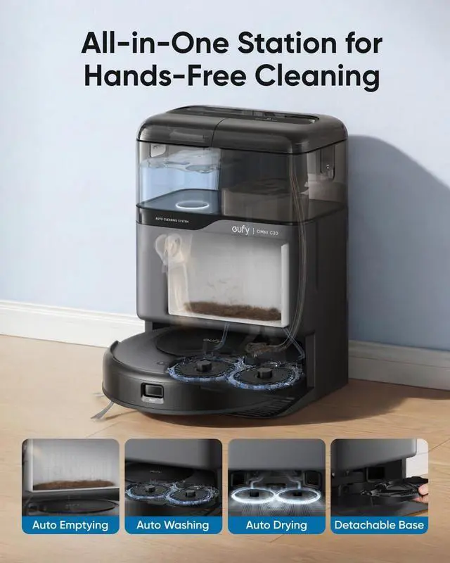 Alt view image 4 of 7 - Robot Vacuum Omni C20, 7,000 Pa, 60 Days Self Emptying, Auto Mop Washing, Auto Drying, 3.35" Ultra Slim, Transparent Tanks, Robot Vacuum and Mop Combo