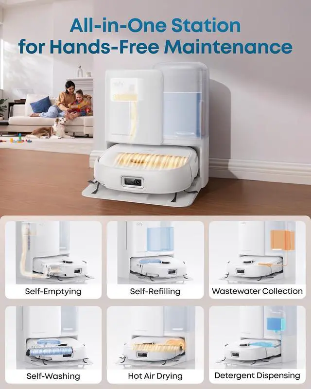 Alt view image 5 of 7 - Robot Vacuum Omni C20, 7,000 Pa, 60 Days Self Emptying, Auto Mop Washing, Auto Drying, 3.35" Ultra Slim, Transparent Tanks, Robot Vacuum and Mop Combo E25 White