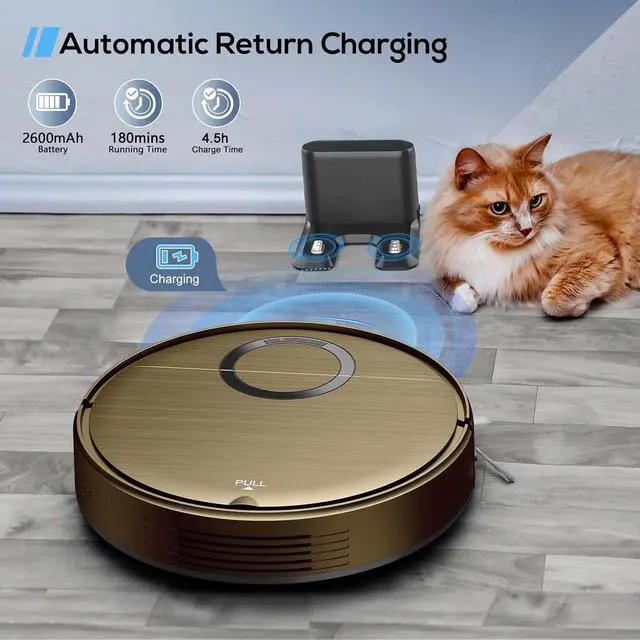 Alt view image 3 of 7 - 2 in 1 Robot Vacuum and Mop Combo for Pet Owners: Strong Suction, Anti-Tangle Brushless Inlet, Picks Up Dog & Cat Hair, Wet Mopping Removes Paw Prints, Auto-Recharge with Schedule Gold