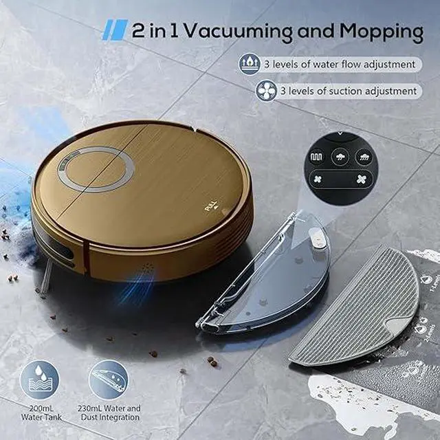 Alt view image 5 of 7 - 2 in 1 Robot Vacuum and Mop Combo for Pet Owners: Strong Suction, Anti-Tangle Brushless Inlet, Picks Up Dog & Cat Hair, Wet Mopping Removes Paw Prints, Auto-Recharge with Schedule Gold
