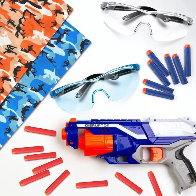 Alt view image 5 of 7 - Sosation 32 Pcs Gun Party Supplies and Favors Compatible with Nerf Include Tactical Glasses Face Mask Foam Darts Wrist Ammo Holder Gun Accessories Party Favors