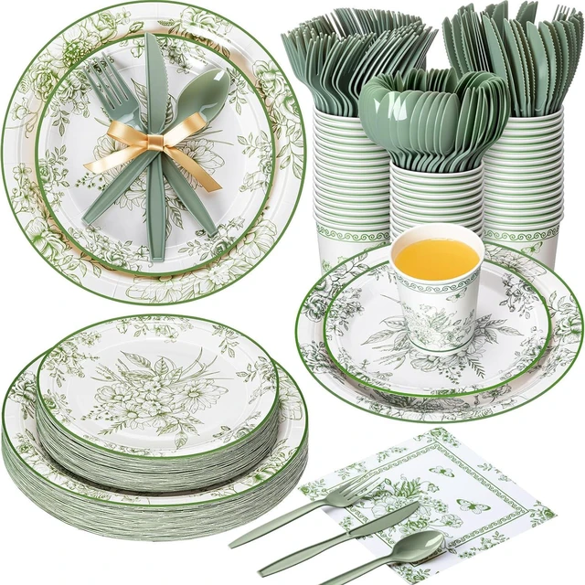 Main image of Ziliny 350 Pcs Tea Party Supplies Spring Summer Party Tableware Set Disposable Plates Napkins Paper Cups Plastic Cutlery Set for Birthday Bridal Baby Shower Serves 50 (Green Floral)