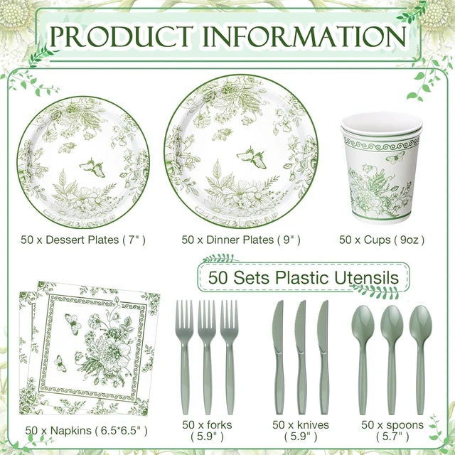Alt view image 2 of 6 - Ziliny 350 Pcs Tea Party Supplies Spring Summer Party Tableware Set Disposable Plates Napkins Paper Cups Plastic Cutlery Set for Birthday Bridal Baby Shower Serves 50 (Green Floral)