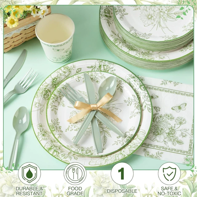 Alt view image 3 of 6 - Ziliny 350 Pcs Tea Party Supplies Spring Summer Party Tableware Set Disposable Plates Napkins Paper Cups Plastic Cutlery Set for Birthday Bridal Baby Shower Serves 50 (Green Floral)