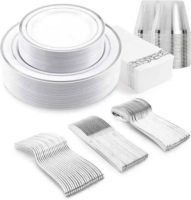 Main image of 350-Piece Silver Rim Plastic Dinnerware Set for 50 Guests, Elegant Disposable Dinnerware for Party, Wedding, Includes Dinner Plates, Dessert Plates, Silverware, Napkins, Cups