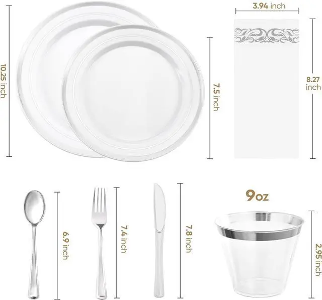 Alt view image 2 of 6 - 350-Piece Silver Rim Plastic Dinnerware Set for 50 Guests, Elegant Disposable Dinnerware for Party, Wedding, Includes Dinner Plates, Dessert Plates, Silverware, Napkins, Cups