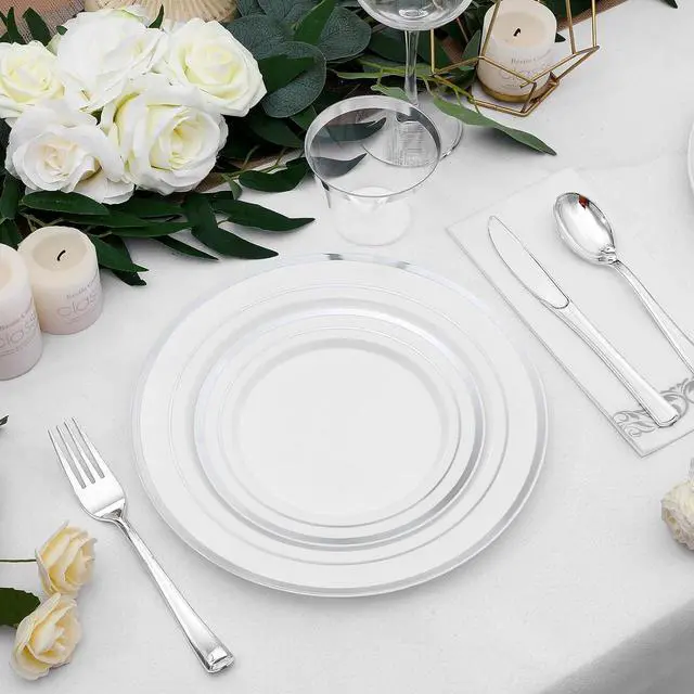 Alt view image 3 of 6 - 350-Piece Silver Rim Plastic Dinnerware Set for 50 Guests, Elegant Disposable Dinnerware for Party, Wedding, Includes Dinner Plates, Dessert Plates, Silverware, Napkins, Cups