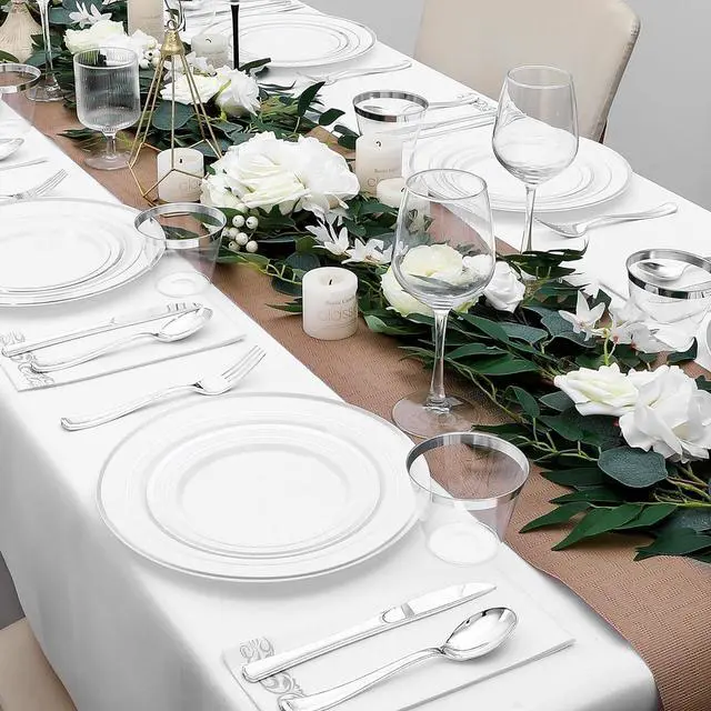 Alt view image 6 of 6 - 350-Piece Silver Rim Plastic Dinnerware Set for 50 Guests, Elegant Disposable Dinnerware for Party, Wedding, Includes Dinner Plates, Dessert Plates, Silverware, Napkins, Cups