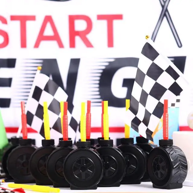 Alt view image 2 of 5 - Sawysine 12 Pack Monster Truck Tires Cups with Red Yellow Straw, Wheels Themed Cup Monster Truck Party Favors for Race Car Construction Birthday Supplies