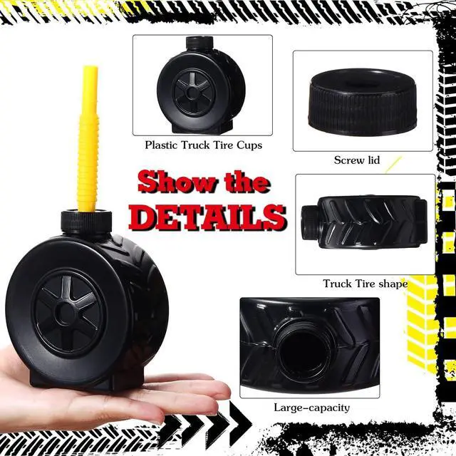 Alt view image 3 of 5 - Sawysine 12 Pack Monster Truck Tires Cups with Red Yellow Straw, Wheels Themed Cup Monster Truck Party Favors for Race Car Construction Birthday Supplies