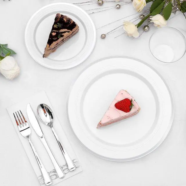 Alt view image 4 of 6 - 350-Piece Silver Rim Plastic Dinnerware Set for 50 Guests, Elegant Disposable Dinnerware for Party, Wedding, Includes Dinner Plates, Dessert Plates, Silverware, Napkins, Cups
