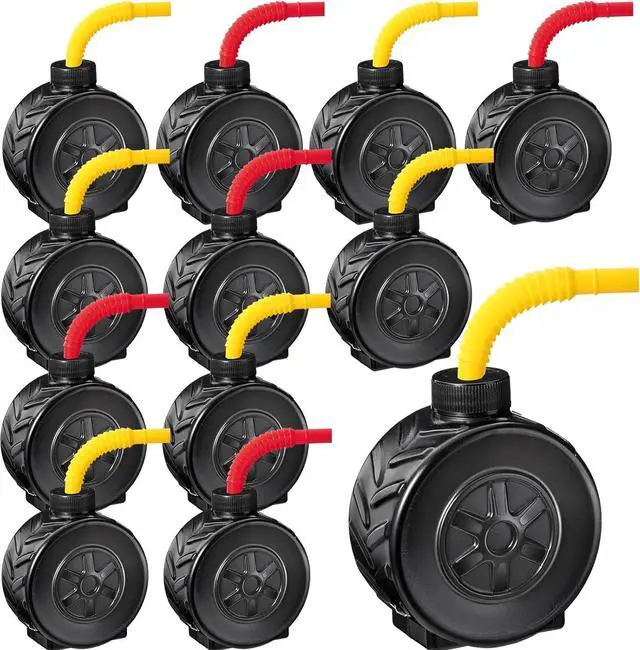 Main image of Sawysine 12 Pack Monster Truck Tires Cups with Red Yellow Straw, Wheels Themed Cup Monster Truck Party Favors for Race Car Construction Birthday Supplies