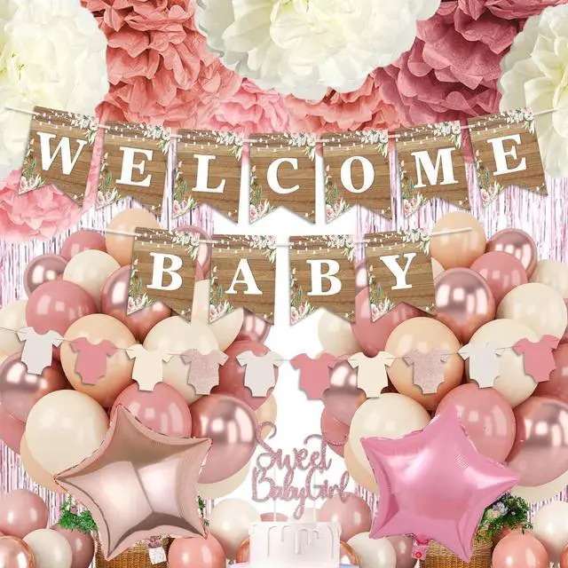 Main image of Dusty Pink Baby Shower Decoration, Girl Baby Shower Decor Set with Welcome Baby Banner,Tissue Pom Poms,Sweet Baby-girl Cake Topper,Retro Blush Rosegold Balloon,Boho Baby Gril Shower Party Supplies