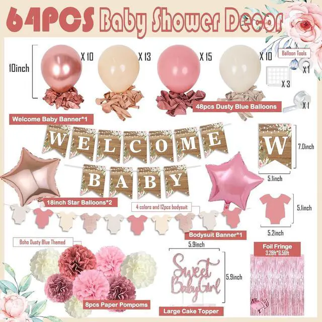 Alt view image 2 of 7 - Dusty Pink Baby Shower Decoration, Girl Baby Shower Decor Set with Welcome Baby Banner,Tissue Pom Poms,Sweet Baby-girl Cake Topper,Retro Blush Rosegold Balloon,Boho Baby Gril Shower Party Supplies
