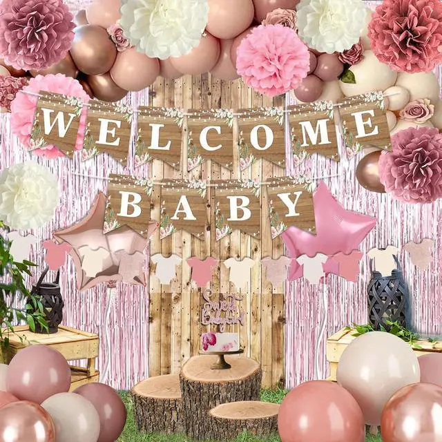 Alt view image 3 of 7 - Dusty Pink Baby Shower Decoration, Girl Baby Shower Decor Set with Welcome Baby Banner,Tissue Pom Poms,Sweet Baby-girl Cake Topper,Retro Blush Rosegold Balloon,Boho Baby Gril Shower Party Supplies