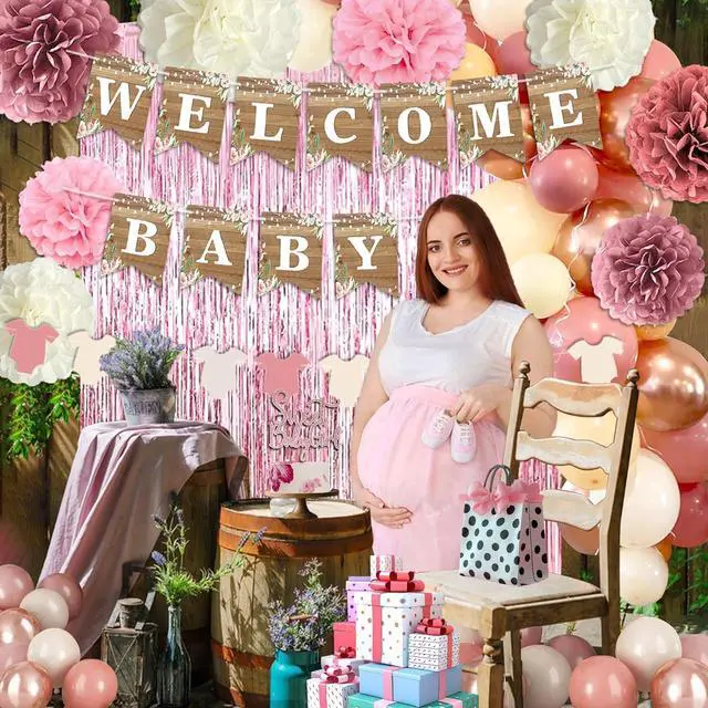 Alt view image 4 of 7 - Dusty Pink Baby Shower Decoration, Girl Baby Shower Decor Set with Welcome Baby Banner,Tissue Pom Poms,Sweet Baby-girl Cake Topper,Retro Blush Rosegold Balloon,Boho Baby Gril Shower Party Supplies