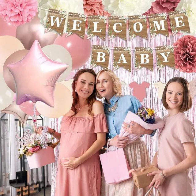 Alt view image 5 of 7 - Dusty Pink Baby Shower Decoration, Girl Baby Shower Decor Set with Welcome Baby Banner,Tissue Pom Poms,Sweet Baby-girl Cake Topper,Retro Blush Rosegold Balloon,Boho Baby Gril Shower Party Supplies