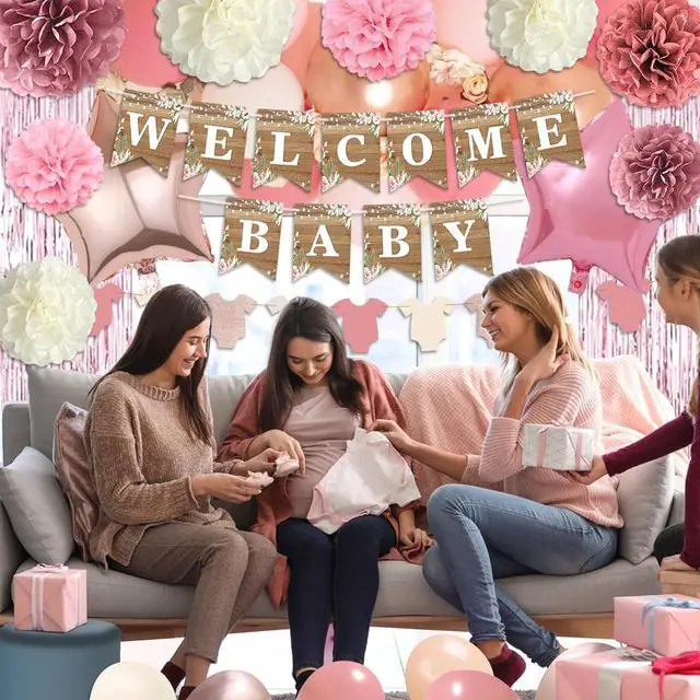 Alt view image 6 of 7 - Dusty Pink Baby Shower Decoration, Girl Baby Shower Decor Set with Welcome Baby Banner,Tissue Pom Poms,Sweet Baby-girl Cake Topper,Retro Blush Rosegold Balloon,Boho Baby Gril Shower Party Supplies