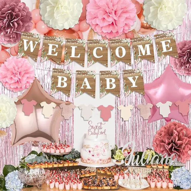 Alt view image 7 of 7 - Dusty Pink Baby Shower Decoration, Girl Baby Shower Decor Set with Welcome Baby Banner,Tissue Pom Poms,Sweet Baby-girl Cake Topper,Retro Blush Rosegold Balloon,Boho Baby Gril Shower Party Supplies