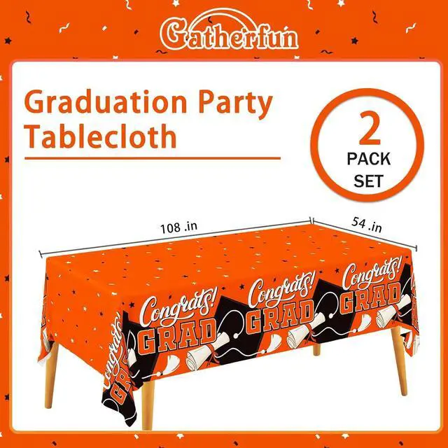 Alt view image 2 of 7 - Gatherfun Graduation Decorations 2026 Kit - 2 Pcs Orange Gongrats Grad Tablecover for Party DecorationsGraduation Plastic Table Covers 54"x108"