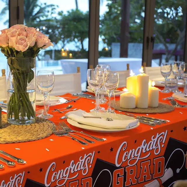 Alt view image 4 of 7 - Gatherfun Graduation Decorations 2026 Kit - 2 Pcs Orange Gongrats Grad Tablecover for Party DecorationsGraduation Plastic Table Covers 54"x108"