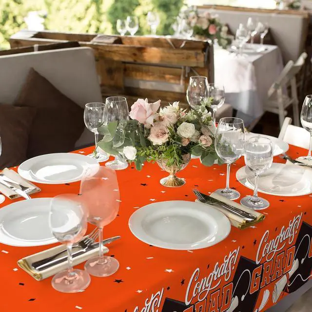 Alt view image 5 of 7 - Gatherfun Graduation Decorations 2026 Kit - 2 Pcs Orange Gongrats Grad Tablecover for Party DecorationsGraduation Plastic Table Covers 54"x108"