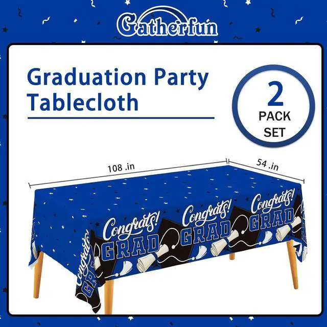 Alt view image 2 of 7 - Gatherfun Graduation Decorations Kit - 2 Pcs Blue Gongrats Grad Tablecover for Party DecorationsGraduation Plastic Table Covers 54"x108"