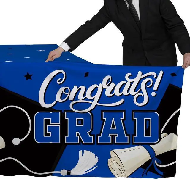 Alt view image 3 of 7 - Gatherfun Graduation Decorations Kit - 2 Pcs Blue Gongrats Grad Tablecover for Party DecorationsGraduation Plastic Table Covers 54"x108"