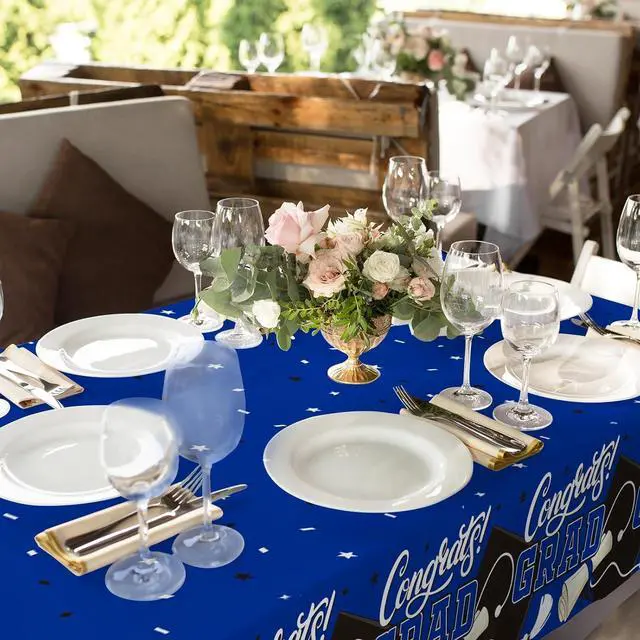 Alt view image 5 of 7 - Gatherfun Graduation Decorations Kit - 2 Pcs Blue Gongrats Grad Tablecover for Party DecorationsGraduation Plastic Table Covers 54"x108"