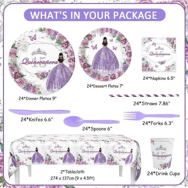 Alt view image 2 of 7 - AIBIIN 194pcs Quinceanera Decorations 15th Birthday Decorations Party Plates, Cup, Napkin, Tablecloth, Tableware, Purple Disposable Quinceanera Birthday Party Supplies Plates Serve 24 Guests