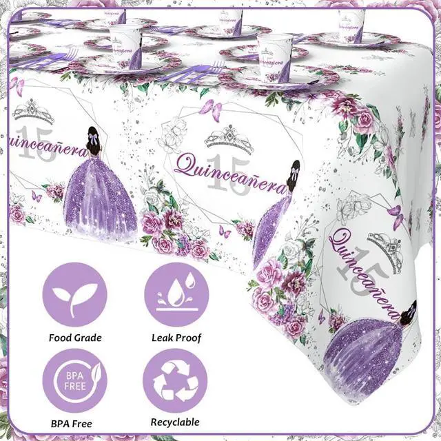 Alt view image 3 of 7 - AIBIIN 194pcs Quinceanera Decorations 15th Birthday Decorations Party Plates, Cup, Napkin, Tablecloth, Tableware, Purple Disposable Quinceanera Birthday Party Supplies Plates Serve 24 Guests