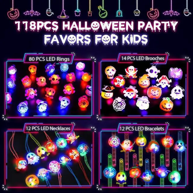 Alt view image 2 of 7 - 118 PCS Halloween Party Favors Bulk, 80 Rings, 14 Brooches, 12 Necklaces, 12 Bracelets,Halloween Toys for Kids, Glow in the Dark Toys, Bulk Halloween Goodie Bag Fillers, Halloween Party Supplies