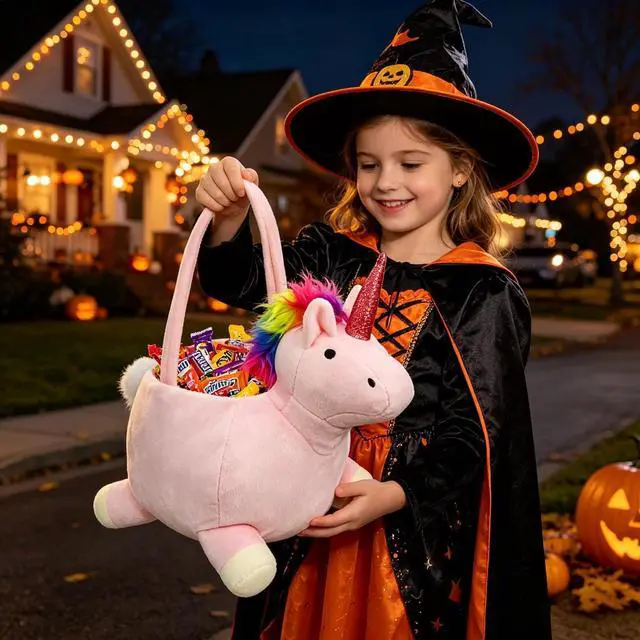 Alt view image 2 of 7 - 3D Halloween Plush Basket Trick or Treat Bag, Cute Unicorn Animal Halloween Candy Bucket for Decorations Party Supplies Candy Gifts Storage, Pink