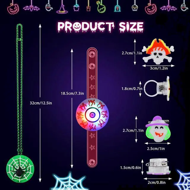 Alt view image 6 of 7 - 118 PCS Halloween Party Favors Bulk, 80 Rings, 14 Brooches, 12 Necklaces, 12 Bracelets,Halloween Toys for Kids, Glow in the Dark Toys, Bulk Halloween Goodie Bag Fillers, Halloween Party Supplies