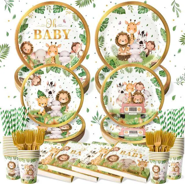 Main image of 144 Pcs Safari Baby Shower Plates and Napkins (Serves 24 Guests), Plates Napkins Cups Straws and Forks Sets, Party Supplies, Jungle Safari Baby Shower Decorations