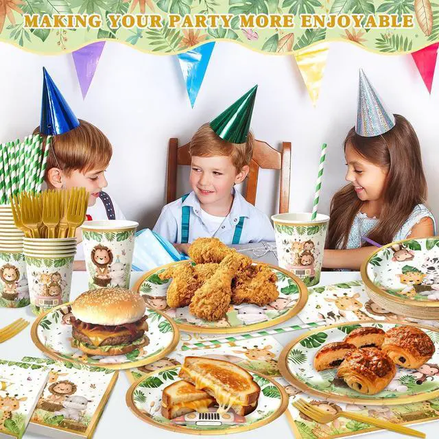 Alt view image 2 of 6 - 144 Pcs Safari Baby Shower Plates and Napkins (Serves 24 Guests), Plates Napkins Cups Straws and Forks Sets, Party Supplies, Jungle Safari Baby Shower Decorations