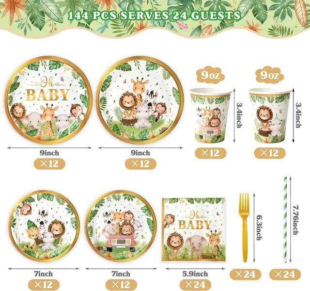 Alt view image 4 of 6 - 144 Pcs Safari Baby Shower Plates and Napkins (Serves 24 Guests), Plates Napkins Cups Straws and Forks Sets, Party Supplies, Jungle Safari Baby Shower Decorations