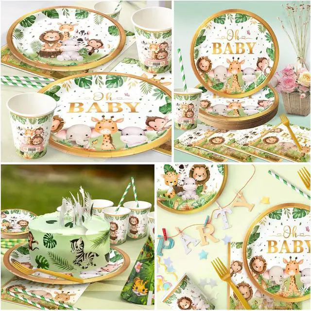 Alt view image 6 of 6 - 144 Pcs Safari Baby Shower Plates and Napkins (Serves 24 Guests), Plates Napkins Cups Straws and Forks Sets, Party Supplies, Jungle Safari Baby Shower Decorations