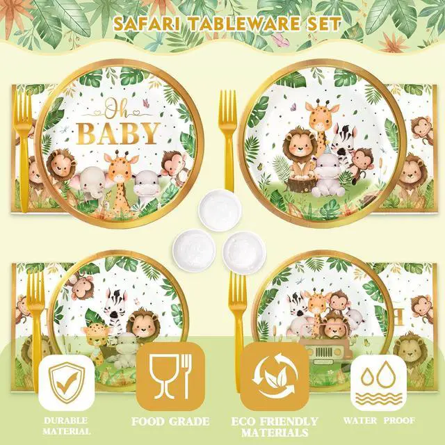 Alt view image 5 of 6 - 144 Pcs Safari Baby Shower Plates and Napkins (Serves 24 Guests), Plates Napkins Cups Straws and Forks Sets, Party Supplies, Jungle Safari Baby Shower Decorations