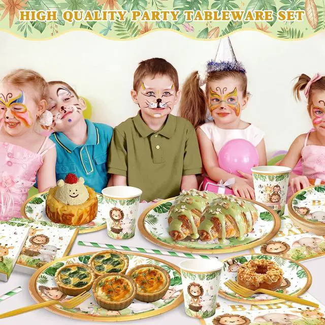 Alt view image 3 of 6 - 144 Pcs Safari Baby Shower Plates and Napkins (Serves 24 Guests), Plates Napkins Cups Straws and Forks Sets, Party Supplies, Jungle Safari Baby Shower Decorations