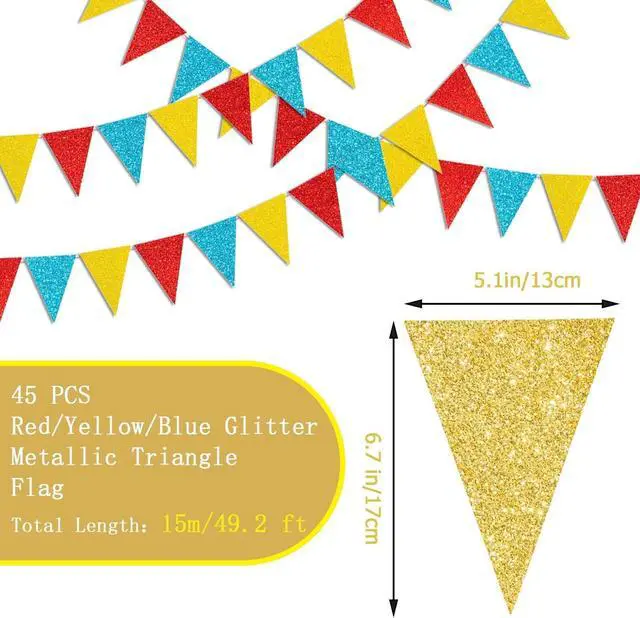 Alt view image 2 of 7 - 45 Pieces Colorful Pennant Flags - 49ft Carnival Theme Party Garland Banner Yellow Blue Red Glitter Paper Pennant Triangle Bunting Flag for Baby Shower Home Classroom Decor