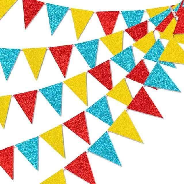 Main image of 45 Pieces Colorful Pennant Flags - 49ft Carnival Theme Party Garland Banner Yellow Blue Red Glitter Paper Pennant Triangle Bunting Flag for Baby Shower Home Classroom Decor