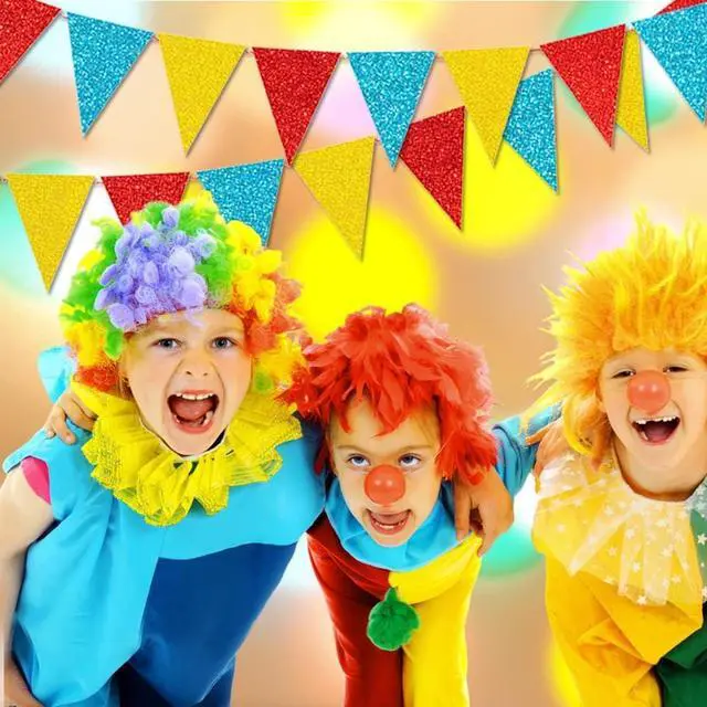 Alt view image 4 of 7 - 45 Pieces Colorful Pennant Flags - 49ft Carnival Theme Party Garland Banner Yellow Blue Red Glitter Paper Pennant Triangle Bunting Flag for Baby Shower Home Classroom Decor