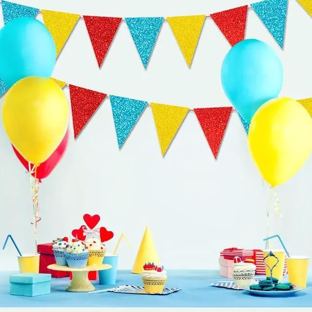 Alt view image 6 of 7 - 45 Pieces Colorful Pennant Flags - 49ft Carnival Theme Party Garland Banner Yellow Blue Red Glitter Paper Pennant Triangle Bunting Flag for Baby Shower Home Classroom Decor