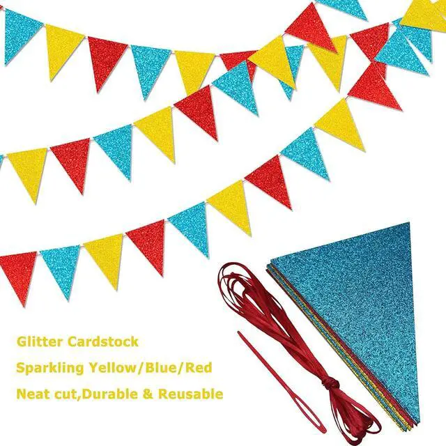Alt view image 7 of 7 - 45 Pieces Colorful Pennant Flags - 49ft Carnival Theme Party Garland Banner Yellow Blue Red Glitter Paper Pennant Triangle Bunting Flag for Baby Shower Home Classroom Decor