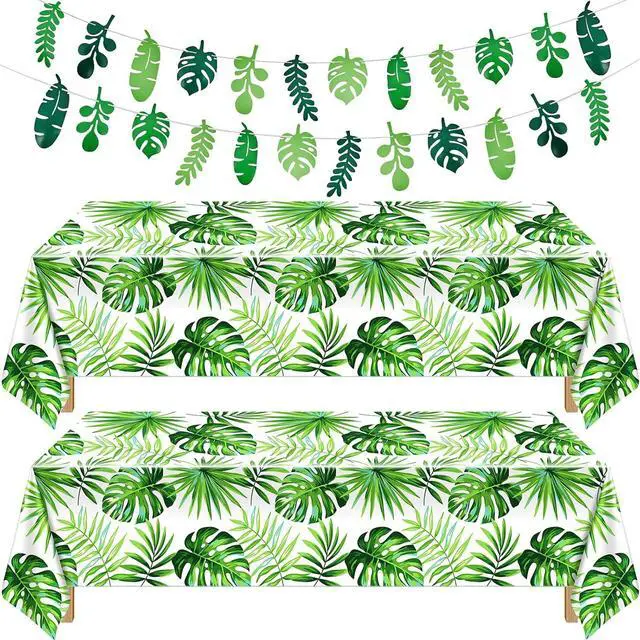Main image of Tatuo 2 Pieces Palm Leaf Table Covers Hawaii Green Leaves Tablecloths Tropical Leaf Table Cloths and 2 Pieces Palm Leaves Banners Decorations for Tropical Party Decorations
