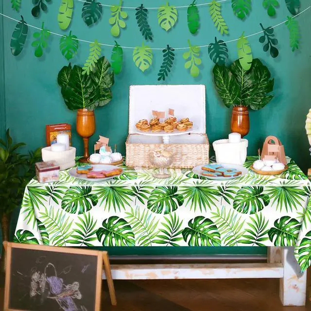 Alt view image 4 of 6 - Tatuo 2 Pieces Palm Leaf Table Covers Hawaii Green Leaves Tablecloths Tropical Leaf Table Cloths and 2 Pieces Palm Leaves Banners Decorations for Tropical Party Decorations