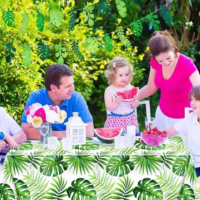 Alt view image 6 of 6 - Tatuo 2 Pieces Palm Leaf Table Covers Hawaii Green Leaves Tablecloths Tropical Leaf Table Cloths and 2 Pieces Palm Leaves Banners Decorations for Tropical Party Decorations